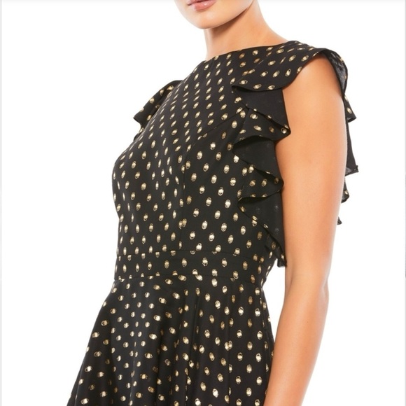 IEENA FOR MAC DUGGAL Ruffle Polka Dot Mini Dress Black Gold Size 4 NEW - Picture 3 of 16